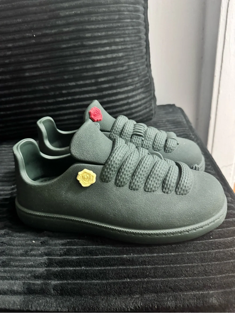Burberry Olive Green Athletic Sneakers with Red and Yellow Rose Accents